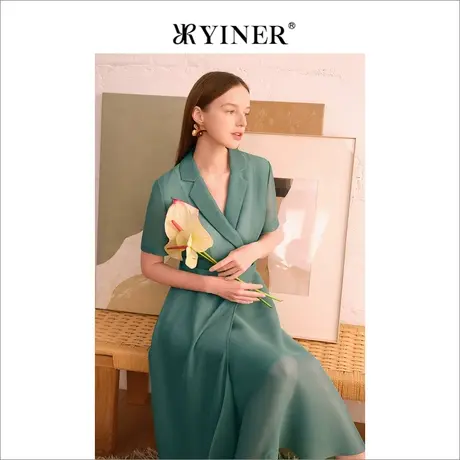 YINER音儿女装夏季西装领收腰显瘦网纱连衣裙图片