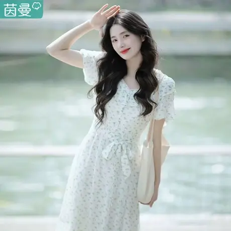 茵曼女装官方旗舰店碎花夏季法式茶歇轻熟雪纺连衣裙长裙子垂坠感图片
