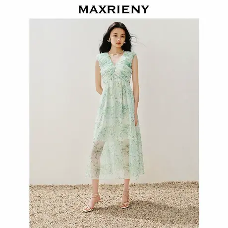 MAXRIENY浪漫度假风印花连衣裙仙美悠闲v领茶歇裙图片