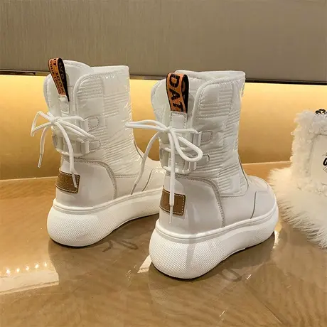 厚底东北雪地靴女2023年新款中筒皮面防水保暖靴子冬加绒加厚棉鞋商品大图