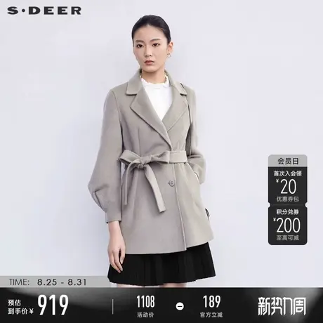 sdeer圣迪奥冬季女装西装领收腰泡泡袖短款毛呢大衣S224Z2606图片