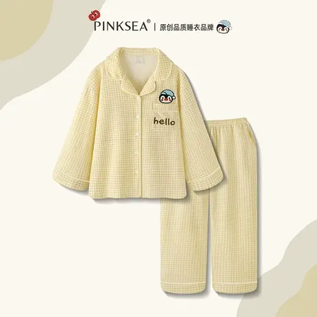 睡衣女款2025新款秋季长袖长裤翻领格子企鹅纯棉可外穿家居服套装图片