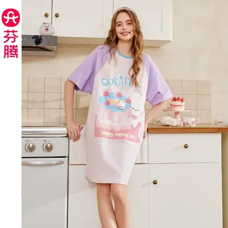 芬腾布朗熊睡裙女夏季纯棉短袖睡衣裙中裙可爱甜美少女大码家居服商品大图