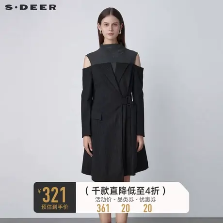 sdeer圣迪奥秋装半高领露肩条纹收腰不规则连衣裙S221Z1265图片