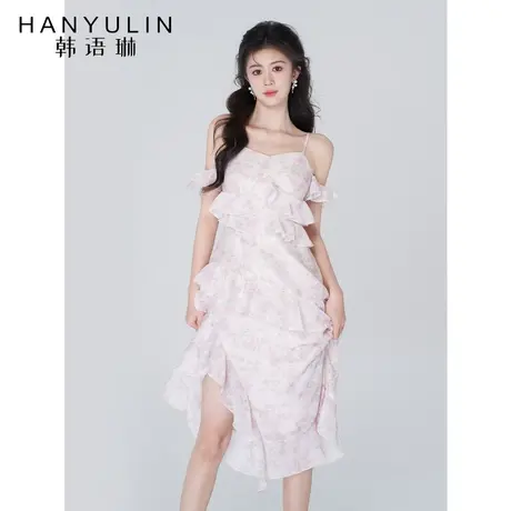韩语琳碎花吊带连衣裙女春夏季不规则裙子中长款荷叶边A字仙女裙图片