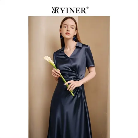 YINER音儿女装夏季法式翻V领褶皱收腰缎面醋酸连衣裙图片
