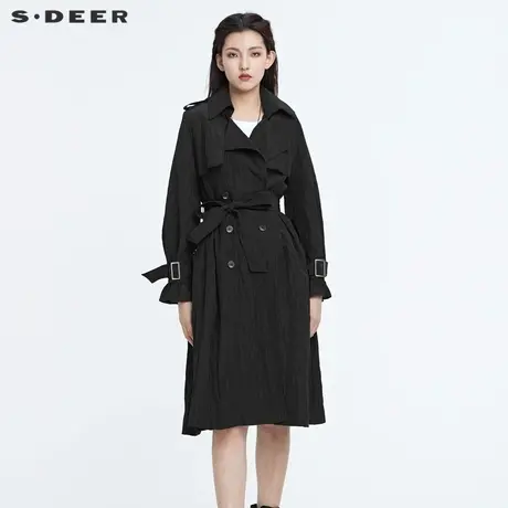sdeer圣迪奥西装领收腰双排扣中长款风衣外套S22181809图片
