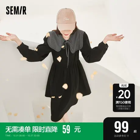 森马连衣裙女泡泡袖小黑裙格子设计学院风裙子气质小个子春装显瘦图片