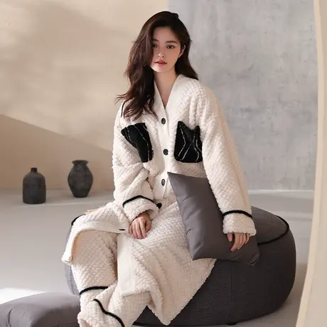 婷美冬季睡衣女珊瑚绒睡袍高档保暖宽松大码舒适秋冬季家居服套装商品大图