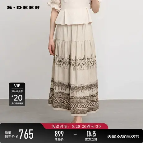 【商场同款】sdeer圣迪奥松紧拼接复古印花碎褶A字长裙S24381121图片