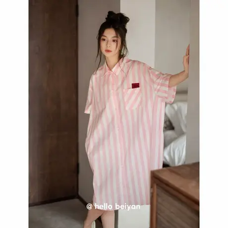 贝妍纯棉睡衣女夏季薄款短袖条纹睡裙甜美少女宽松大码衬衫连衣裙图片