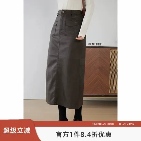 嘉茱莉2025春季新款PU皮高腰半身皮裙女复古摩登皮裙直筒半身长裙图片