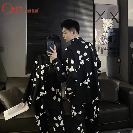 长袖卡通情侣睡衣女春秋季男女可外穿家居服套装图片