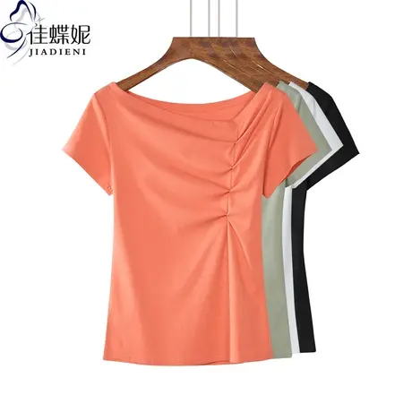夏季新款韩版纯棉纯色斜领修身显瘦褶皱短袖体恤上衣内搭女装T恤商品大图