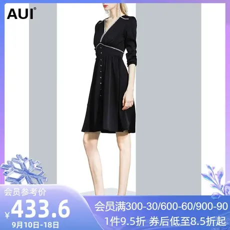 轻奢名媛气质女神范连衣裙女冬2023新款轻熟风黑色泡泡袖V领裙子图片