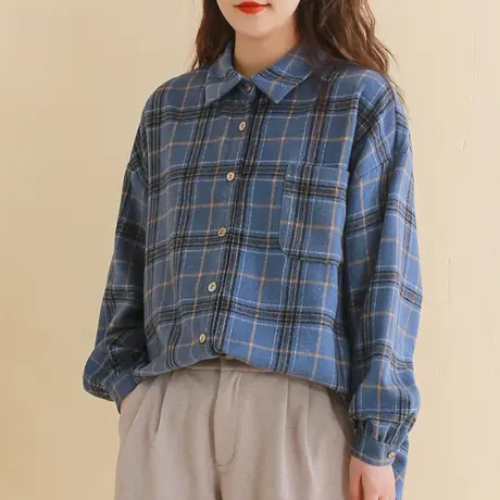 胖妹妹复古蓝色格纹宽松衬衫 加大码2023春新款韩版均码显瘦上衣图片