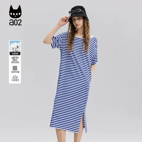 a02航海蓝色条纹连衣裙女2025新款夏季轻薄短袖全棉T恤裙设计感图片