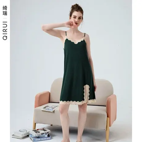 绮瑞带胸垫睡衣女夏莫代尔薄款睡裙女款夏季性感吊带蕾丝裙中长款图片