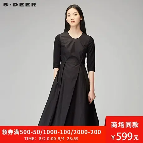 sdeer圣迪奥秋装新款简约中袖收腰OL大摆长裙连衣裙S18181226图片