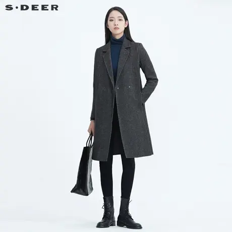 sdeer圣迪奥冬季女装通勤一粒扣复古条纹长款毛呢大衣S20461802图片