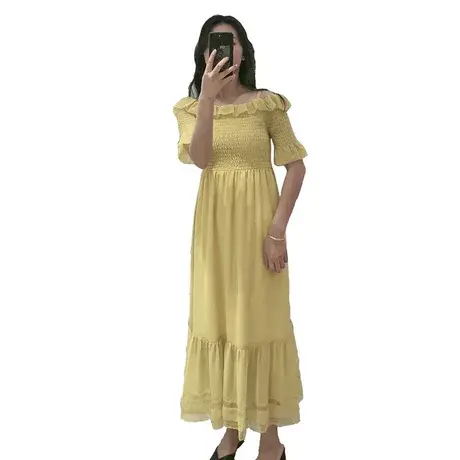 季候风夏季中长裙吊带一字肩皱褶高腰纯色雪纺连衣裙女0232LC133图片