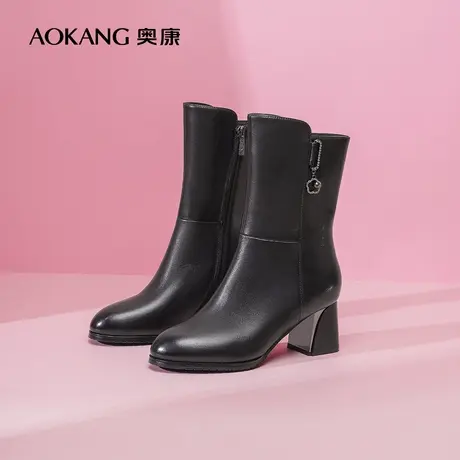 【门店发货】奥康女鞋 2022冬季新款舒适中筒时装靴粗高跟显瘦潮图片