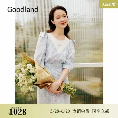 Goodland美地夏季法式蓝白条纹菱格衬衫式假两件连衣裙图片