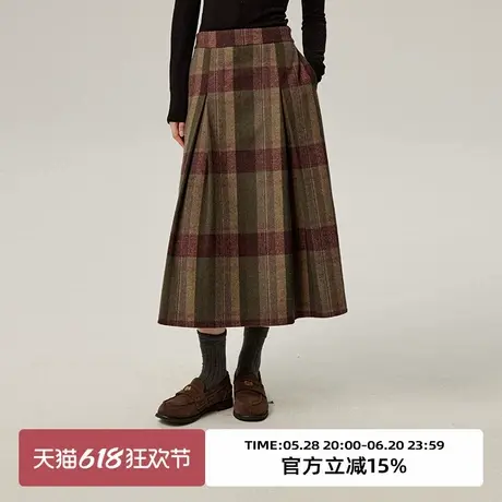omont蛋挞家50%羊毛格纹毛呢半身裙冬季复古高腰显瘦中长裙子图片