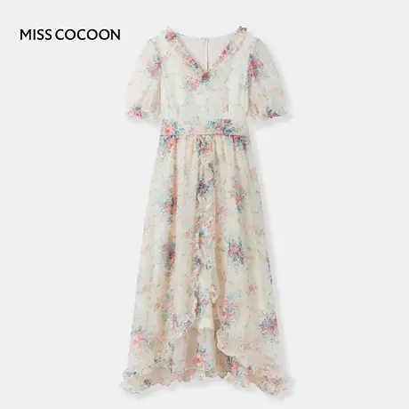 【七七酱直播间】MISS COCOON碎花连衣裙女欧根纱蝴蝶结V领裙子图片