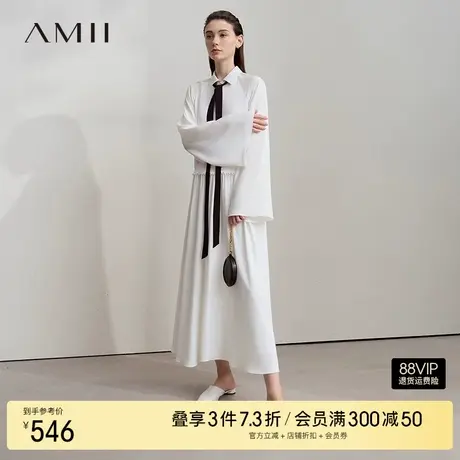 Amii2025秋新款可拆卸飘带翻领喇叭袖连衣裙女度假风宽松雪纺裙子图片