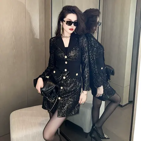 高级感秋装黑色OL职业西装裙女时尚轻奢名媛风气质显瘦长袖连衣裙图片