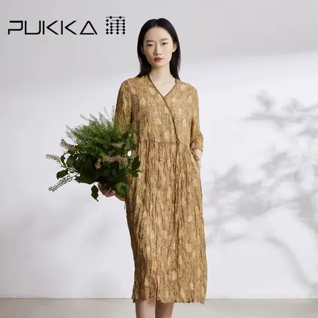 蒲PUKKA 原创设计女装2023夏季新中式国风斜门襟压褶连衣裙图片