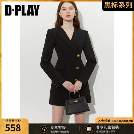 DPLAY【黑标】2023秋新轻奢不对称搭片V字翻领黑色重工西装连衣裙图片