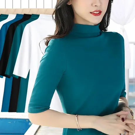 蓝色小高领打底t恤五分袖修身春季新款女装内搭螺纹棉质弹力上衣商品大图