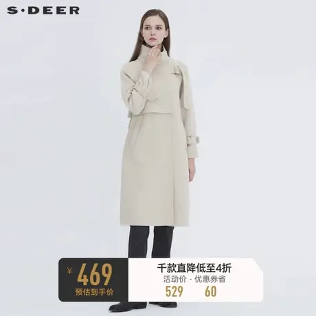 sdeer圣迪奥休闲立领拼接插袋收腰米白色长款毛呢大衣女S20461804图片