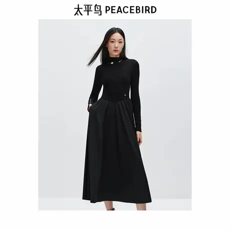 太平鸟女装高领气质优雅连衣裙秋冬拼款针织长裙柔软舒适裙子图片