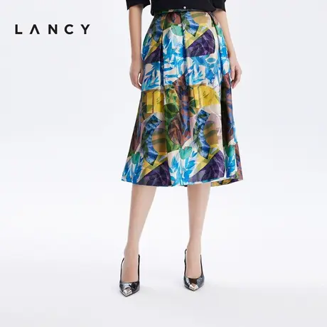 【真丝】LANCY/朗姿2023夏季新款高腰印花通勤A字裙子法式半身裙图片