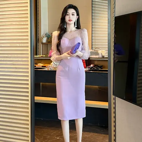 紫色网纱高级感修身连衣裙欧洲站轻奢高冷御姐风气质显瘦包臀裙子图片
