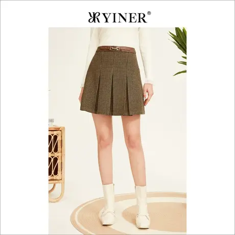YINER音儿专选女装冬季百褶裙学院风千鸟格半裙图片
