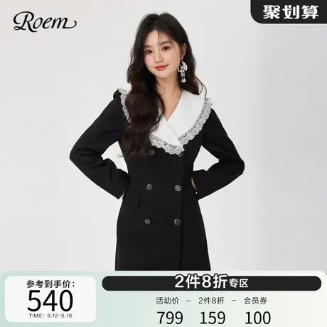 Roem甜美通勤连衣裙2023年春秋新款时尚优雅双排扣大翻领连衣裙图片