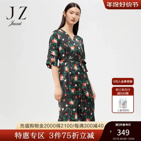 JUZUI/玖姿官方奥莱店春秋季新款黑色碎花收腰茶歇裙女连衣裙图片