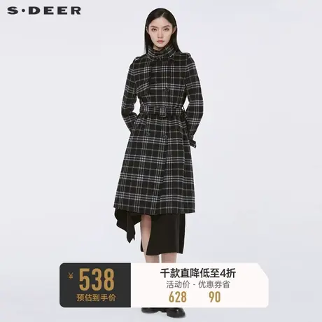 sdeer圣迪奥冬季时尚立领撞色格纹收腰长款毛呢大衣S21461821图片