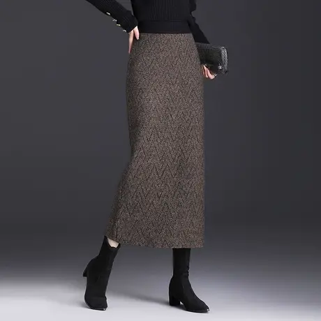 波浪纹毛线包裙女秋冬2023新款高腰包臀半身裙中长款开叉一步裙子图片