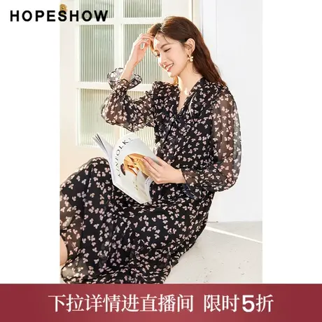 【直播专享】2023印花灯笼袖荷叶边飘带领连衣裙90123051603红袖图片