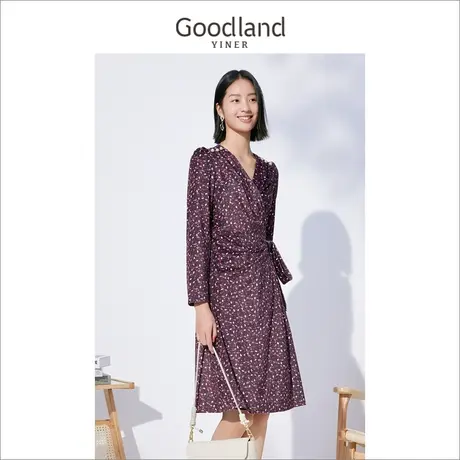 音儿美地女装2022冬季新款重工钉珠v领收腰碎花连衣裙图片