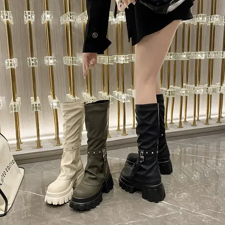 长筒靴女厚底2023新款秋冬小个子加绒高筒骑士靴高级感高跟裤管靴图片