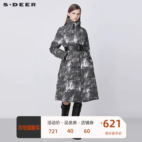 sdeer圣迪奥女装高领抽绳撞色字母涂鸦收腰长款羽绒服S21482421图片