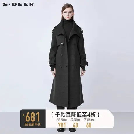 【直播间专属】sdeer圣迪奥高领收腰格纹工装毛呢大衣S21481814图片