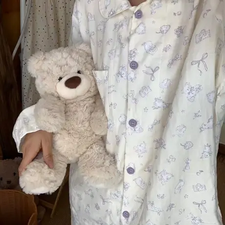 上新！城堡花园长袖长裤套装纯棉翻领双层纱布睡衣可外穿居家睡衣图片