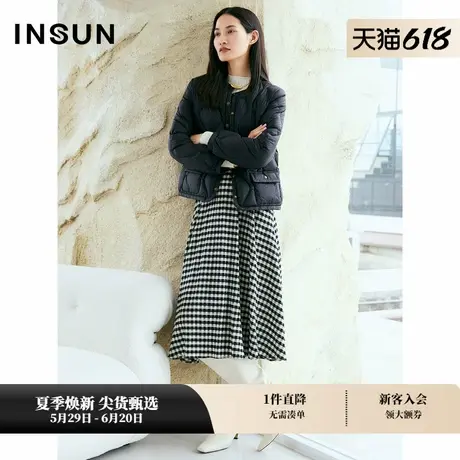 INSUN恩裳专选秋季醋酸莱赛尔混纺黑白格伞裙图片
